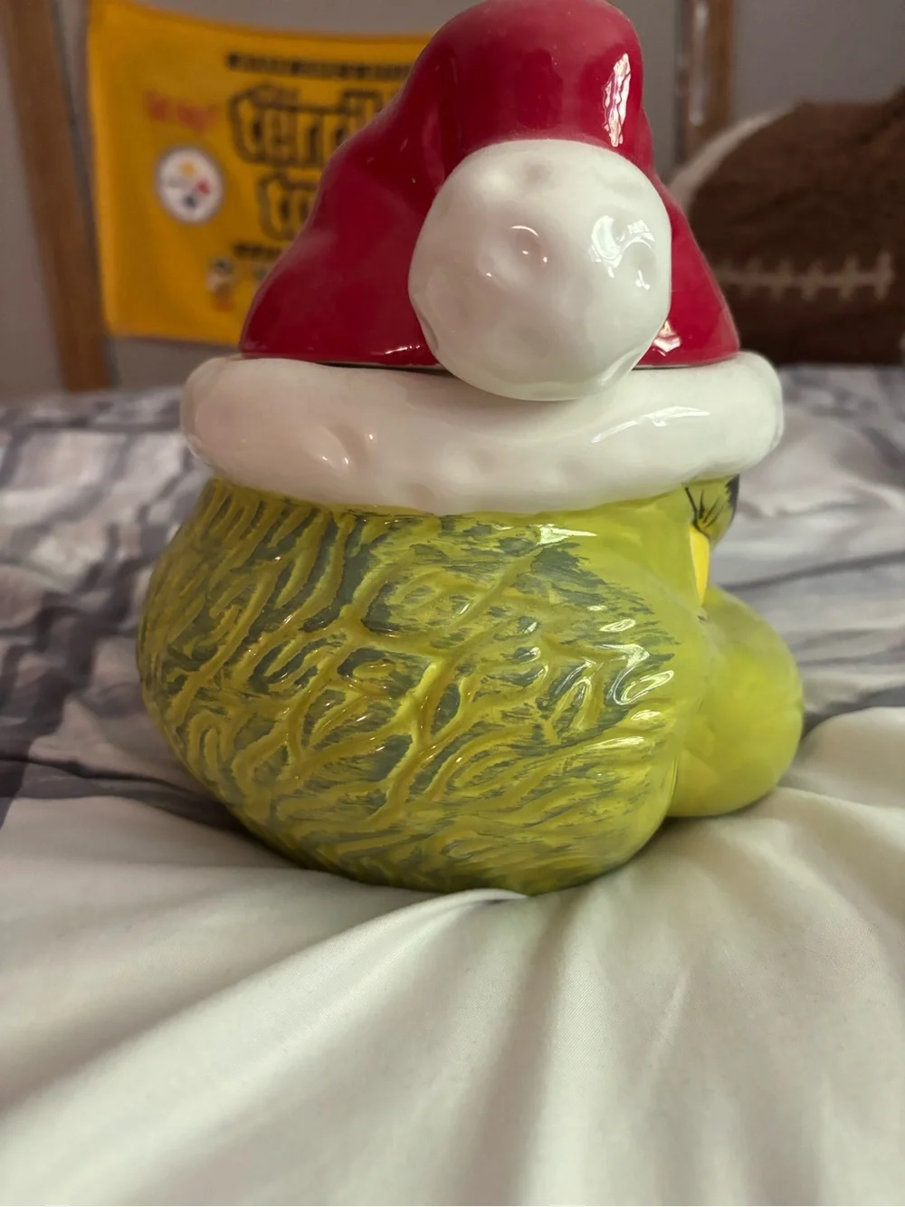 Green Grinch Ceramic Jar with Red Santa Hat